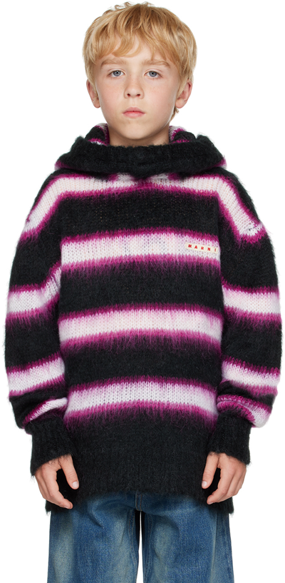 Marni Kids' Striped Knitted Hoodie In Black