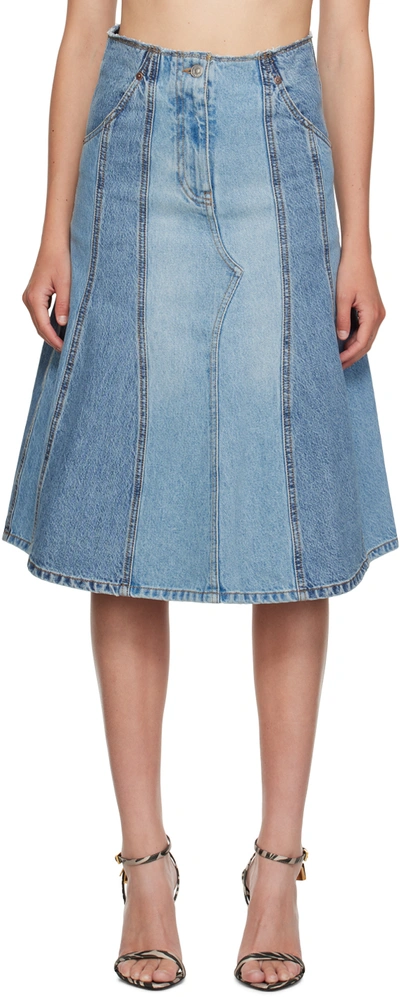 VICTORIA BECKHAM BLUE DECONSTRUCTED DENIM MIDI SKIRT