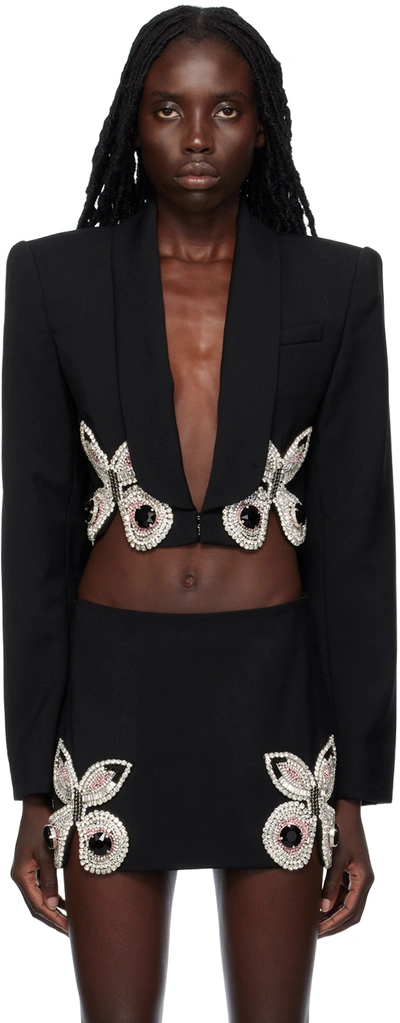 Area Crystal Butterfly Cropped Blazer In Black