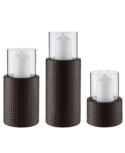 Danya B Contemporary 3-piece Candle Holder Set With Clear Glass Hurricanes And Textured Metal Base In Dark Brown