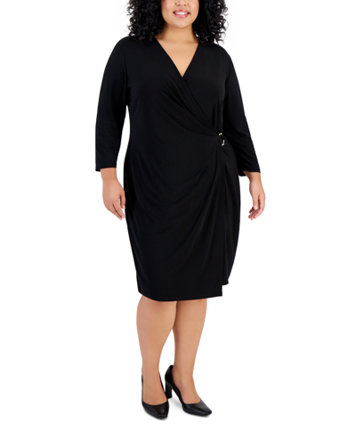 Kasper Plus Size Hardware-trim Faux-wrap Dress In Black