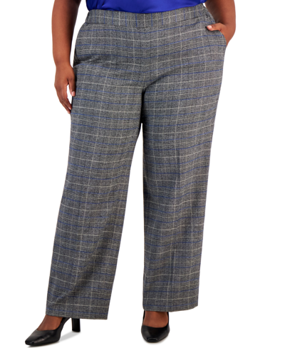 Kasper Plus Size Plaid Pull-on Straight-leg Pants In Royal Blue Multi