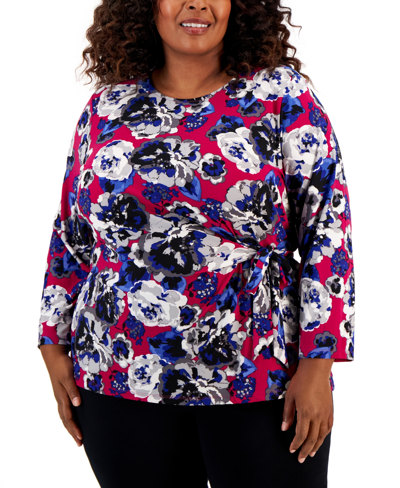 Kasper Plus Size Floral-print Side-knot Blouse In Cerise Multi