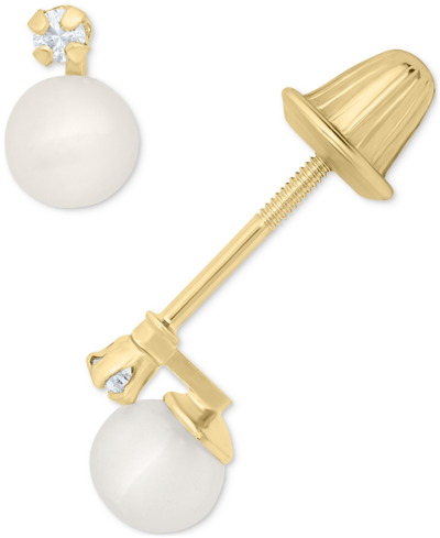 Macy's Kids' Children's Cultured Freshwater Pearl (4mm) & Diamond Accent Stud Earrings In 14k Gold In Yellow Gold