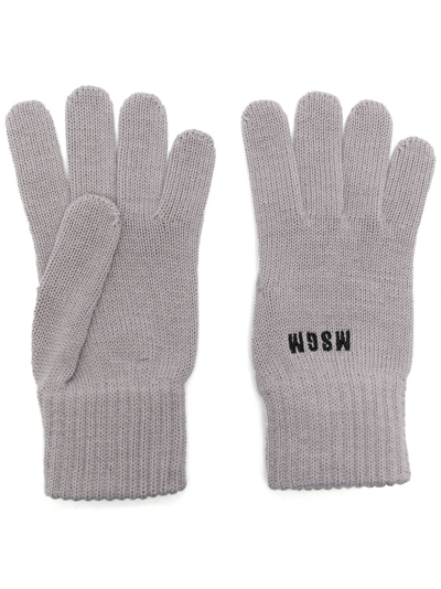 Msgm Logo-embroidered Knitted Gloves In Grey