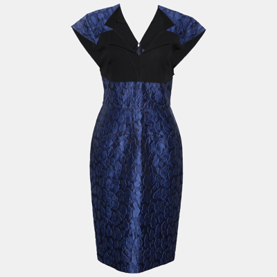 Pre-owned Roland Mouret Navy Blue Mirah Jacquard Cotton Silk Midi Dress S