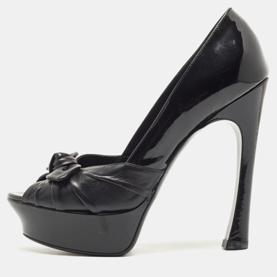 Pre-owned Saint Laurent Black Patent And Leather Palais Bow Pumps Size 37.5