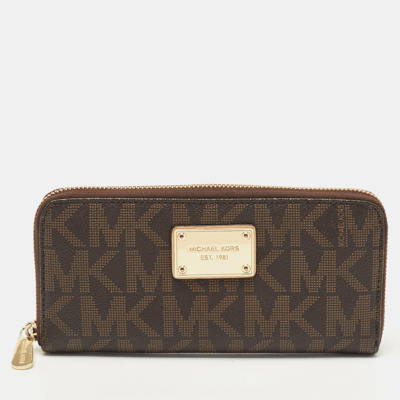 Pre-owned Michael Kors Dark Brown Monogram Coated Canvas Zip Around Wallet