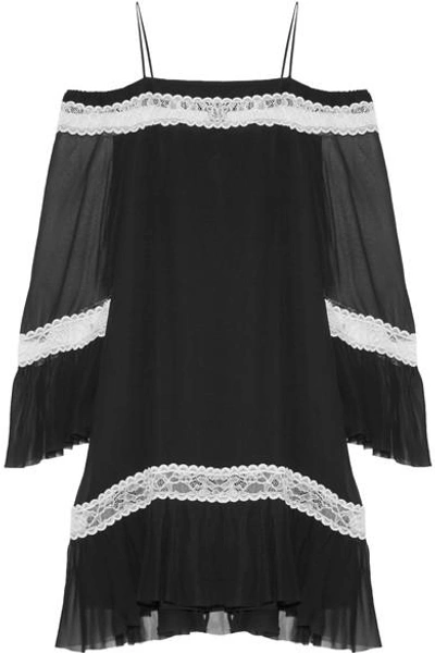 Alice And Olivia Willie Cold-shoulder Lace-trimmed Silk-chiffon Mini Dress In Black White