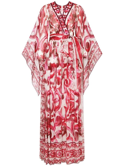 Dolce & Gabbana Majolica-print Chiffon Maxi Wrap Dress In White,fuchsia