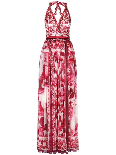 Dolce & Gabbana Majolica-print Halterneck Maxi Dress In Tris_maioliche_fuxia