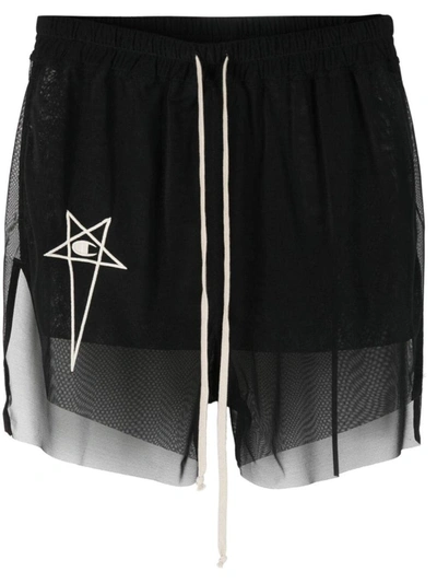 Rick Owens X Champion Logo-embroidered Semi-sheer Shorts In Black
