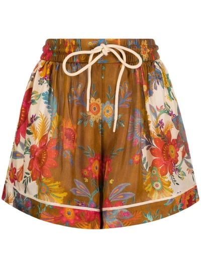 Zimmermann Ginger Floral Relaxed Fit Silk Shorts In Brown