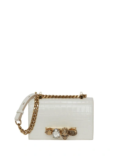Alexander Mcqueen Ivory And Golden Jewelled Satchel Bag In Crocodile-effect Leather In White