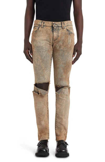 Dolce & Gabbana Skinny Stretch Jeans With Overdye And Rips In Multicolor