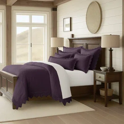 6ix Tailors Fine Linens Elsie Lace Eggplant Cotton Coverlet Set 6 Pieces