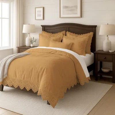 6ix Tailors Fine Linens Elsie Lace Gold Cotton Coverlet Set 6 Pieces