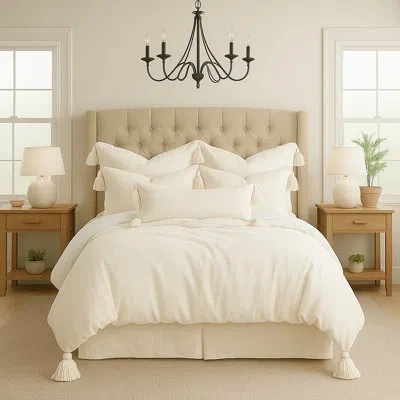 6ix Tailors Fine Linens Elsie Tassel Ivory Coverlet Designer Queen