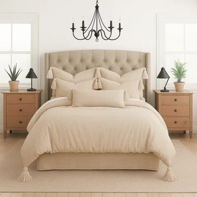6ix Tailors Fine Linens Elsie Tassel Natural Comforter Designer Queen