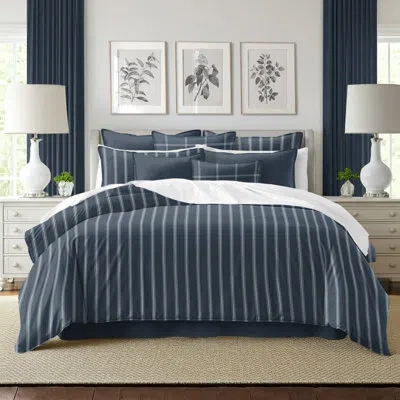 6ix Tailors Fine Linens Shay Broad Ticking Stripe Dark Denim Cotton Duvet Cover Set  8 Piece