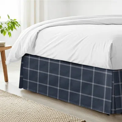 6ix Tailors Fine Linens Shay Window Pane Dark Denim Cotton Bedskirt