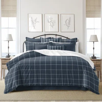 6ix Tailors Fine Linens Shay Window Pane Dark Denim Cotton Coverlet Set  8 Piece