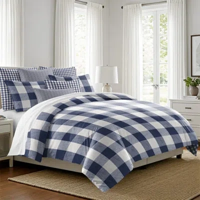 6ix Tailors Fine Linens Walker Buffalo Reverse To Check Indigo/ivory Cotton Coverlet Set  8 Piece In Indigo,ivory