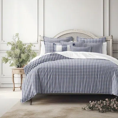 6ix Tailors Fine Linens Walker Check Reverse To Solid Indigo/ivory Cotton Coverlet Set  8 Piece In Indigo,ivory