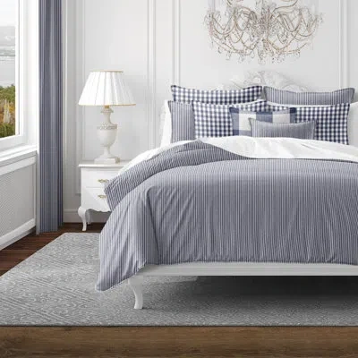6ix Tailors Fine Linens Walker Ticking Stripe Reverse To Check Indigo/ivory Cotton Coverlet Set  8 Piece In Indigo,ivory