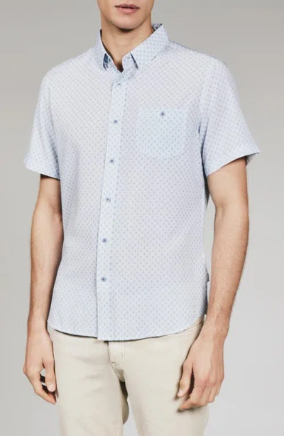 7 Diamonds Callisto Geo Print Textured Short Sleeve Stretch Button-up Shirt In Blue