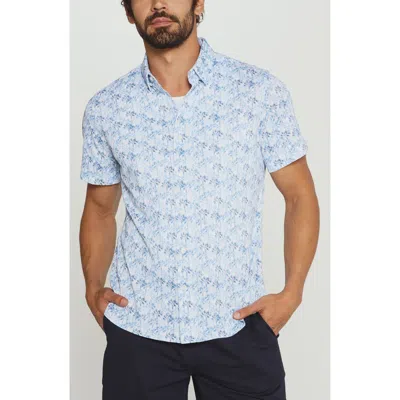 7 Diamonds Palmline Tree Print Short Sleeve Stretch Button-up Shirt In Blue