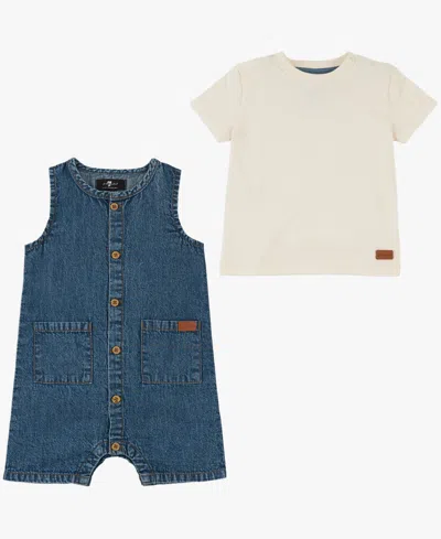 7 For All Mankind Baby Boys' Short-sleeve T-shirt And Button-front Romper, 2-piece Set In Multi