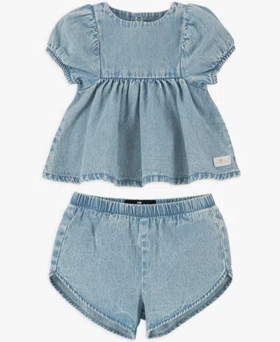 7 For All Mankind Baby Girls' Balloon Sleeve Top And Denim Shorts, 2-piece Set In Blue
