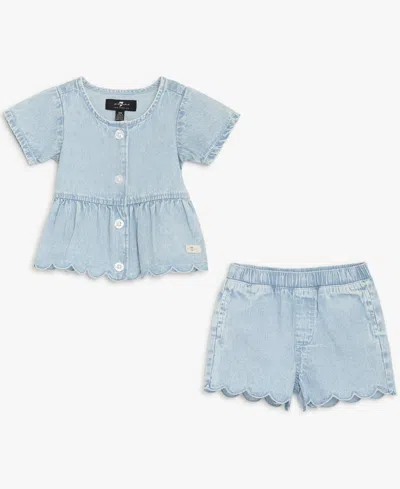 7 For All Mankind Baby Girls' Crewneck Short-sleeve Top And Elastic Waistband Shorts, 2-piece Set In Blue