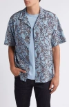 7 For All Mankind Botanical Print Camp Shirt In Dusty Blue