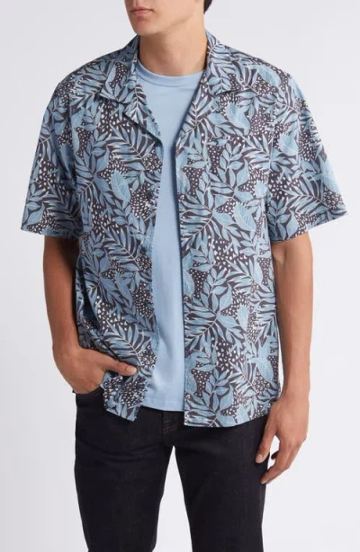7 For All Mankind Botanical Print Camp Shirt In Dusty Blue