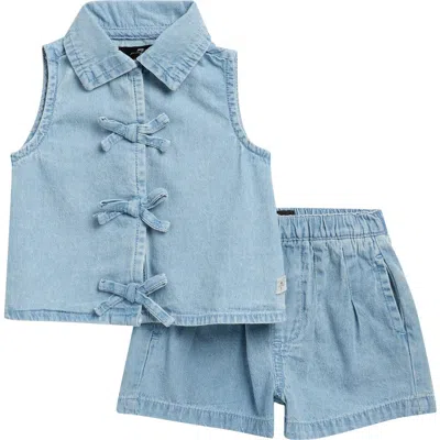 7 For All Mankind Babies'  Bow Cotton Denim Top & Shorts Set In Blue