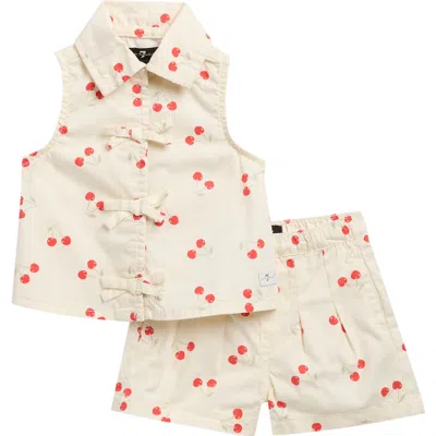 7 For All Mankind Babies'  Bow Cotton Denim Top & Shorts Set In White