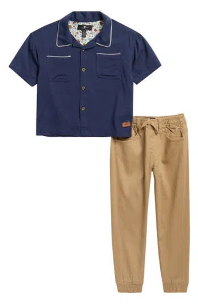 7 For All Mankind Kids'  Camp Shirt & Jogger Pants Set In Blue