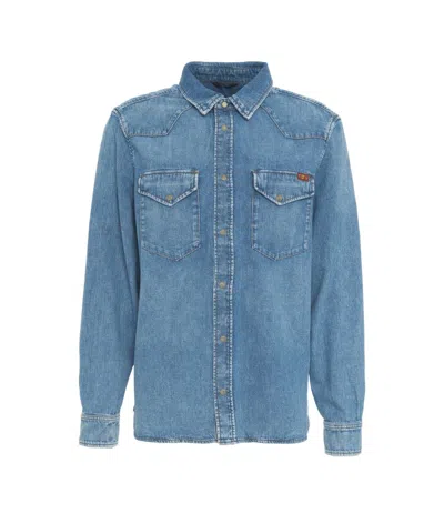 7 For All Mankind Classic Denim Western Shirt With Rounded Hem In Blue