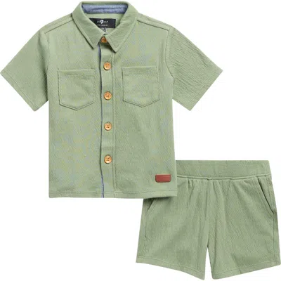 7 For All Mankind Babies'  Co-ord Button-up Shirt & Shorts Set In Green