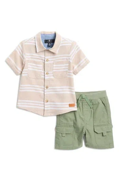 7 For All Mankind Babies'  Cotton & Linen Shirt & Shorts Set In Khaki