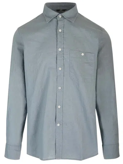 7 For All Mankind Mens Blue Chest-pocket Long-sleeved Linen And Cotton-blend Shirt