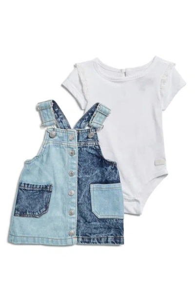 7 For All Mankind Babies'  Cotton Blend Bodysuit & Denim Overall Dress Set In Bright White