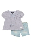 7 For All Mankind Cotton Eyelet Top & Denim Shorts Set In Lavender Mist