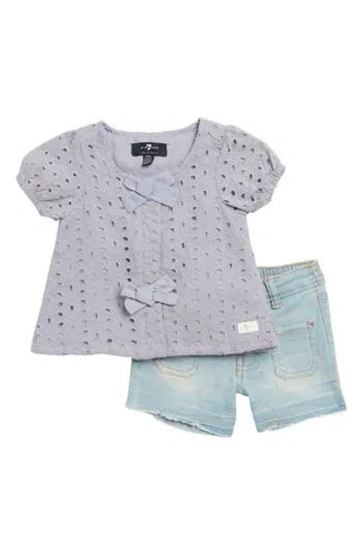 7 For All Mankind Babies'  Cotton Eyelet Top & Denim Shorts Set In Lavender Mist