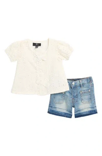7 For All Mankind Babies'  Cotton Eyelet Top & Denim Shorts Set In Marshmallow