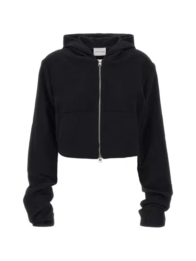 7 For All Mankind Black High Neck Cropped Cotton Zip Hoodie