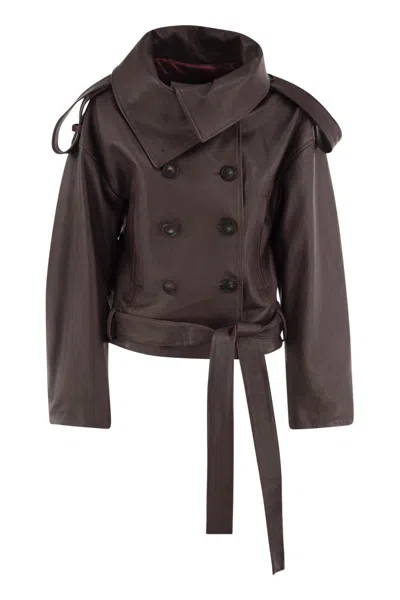 7 For All Mankind Cropped Leather Jacket With Belt In Burgundy
