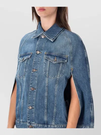 7 For All Mankind Denim Cape Jacket With Button Front And Chest Pockets In Blue
